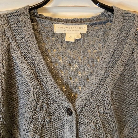 Saltwater Luxe Boxy Cable Knit Cardigan in Grey Blue - Picture 6 of 7